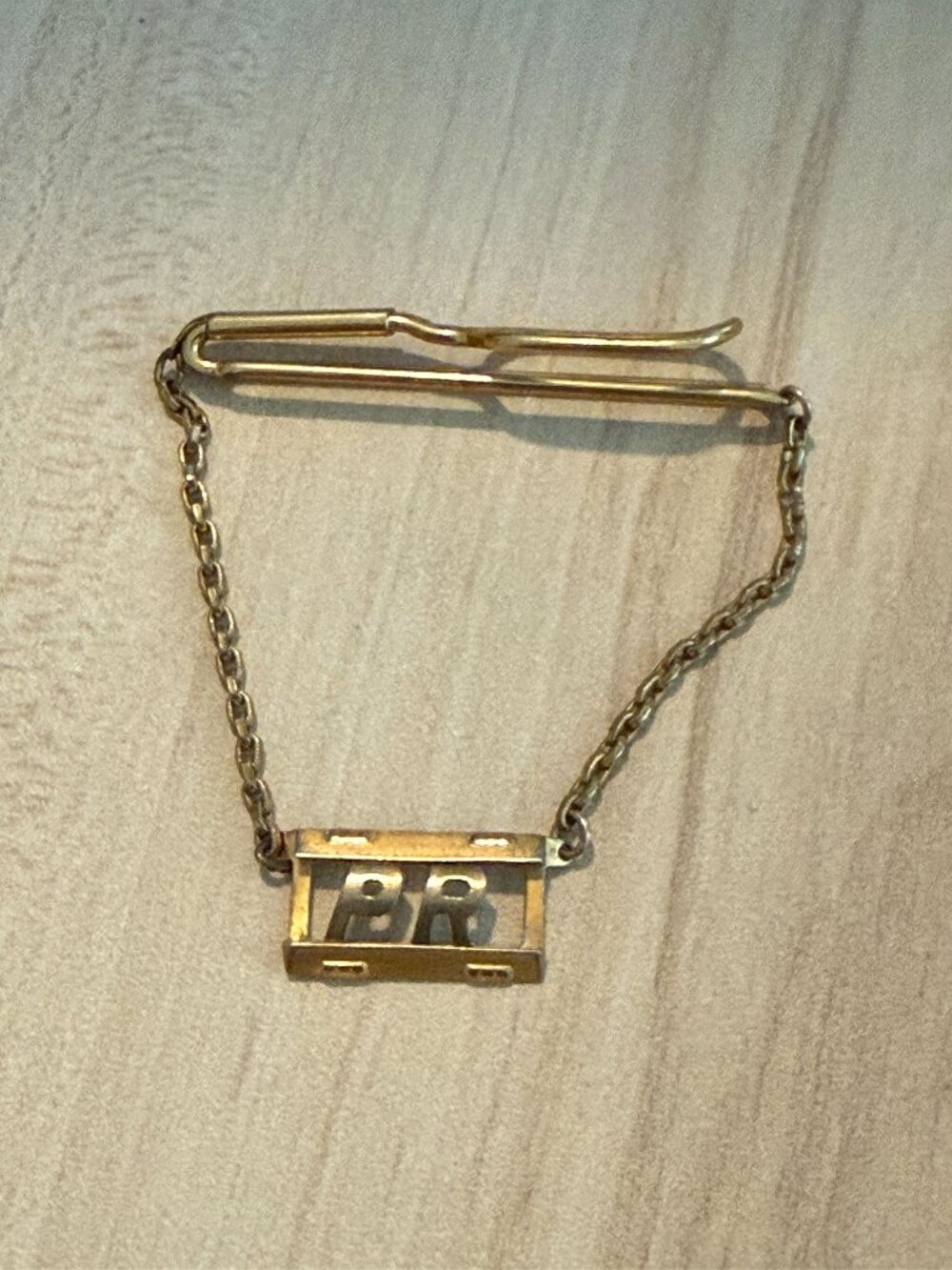 Vintage Swank Gold Tone Tie Chain Clip PR Monogram Pendant 1950s 60s